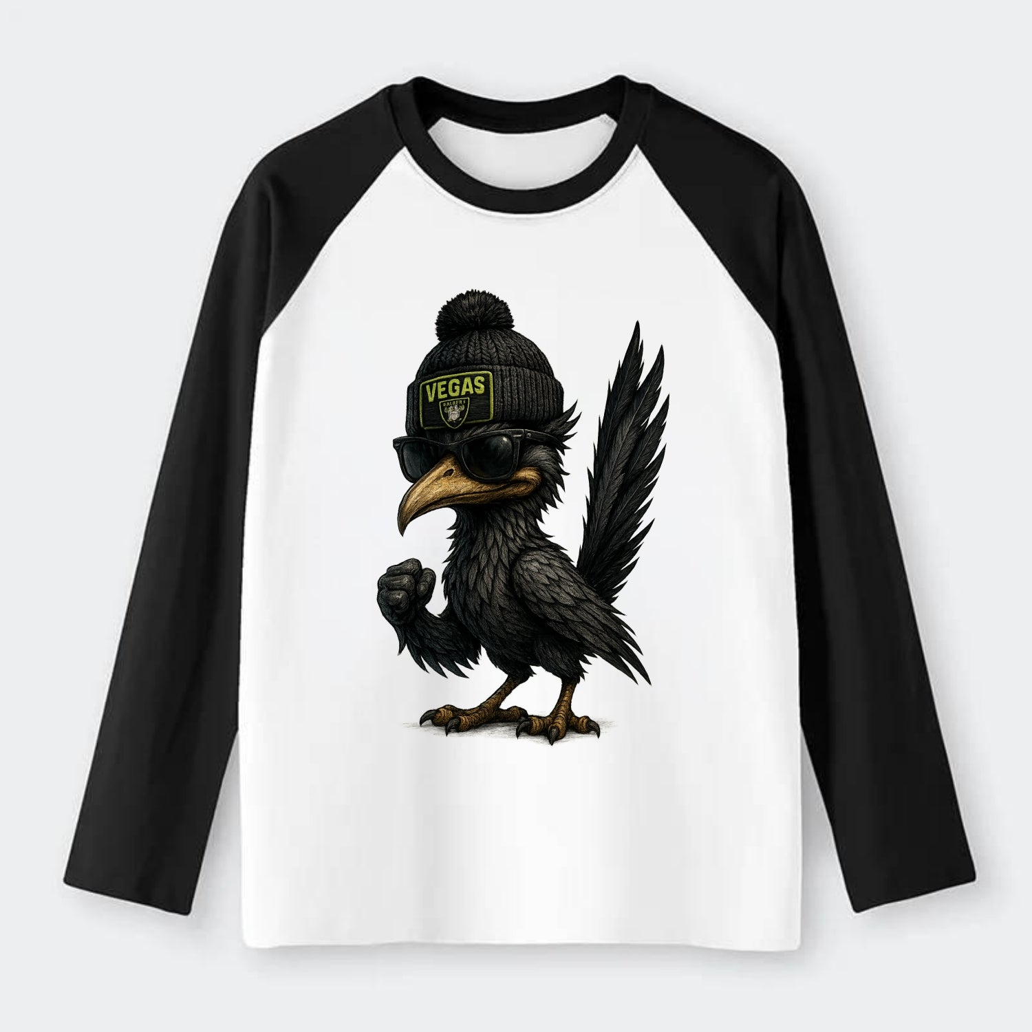 Vegas Roadrunner wearing Raiders beanie with neon patch and wayfarer - Raglan Long Sleeve T-Shirt - Black