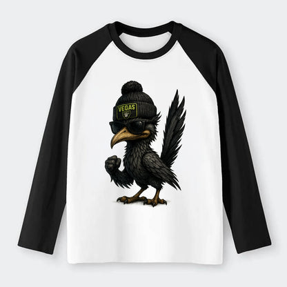Vegas Roadrunner wearing Raiders beanie with neon patch and wayfarer - Raglan Long Sleeve T-Shirt - Black