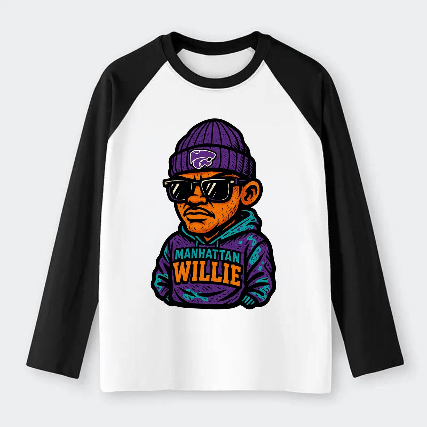 Manhattan Willie wearing Kansas State beanie with powercat patch - Raglan Long Sleeve T-Shirt - Black