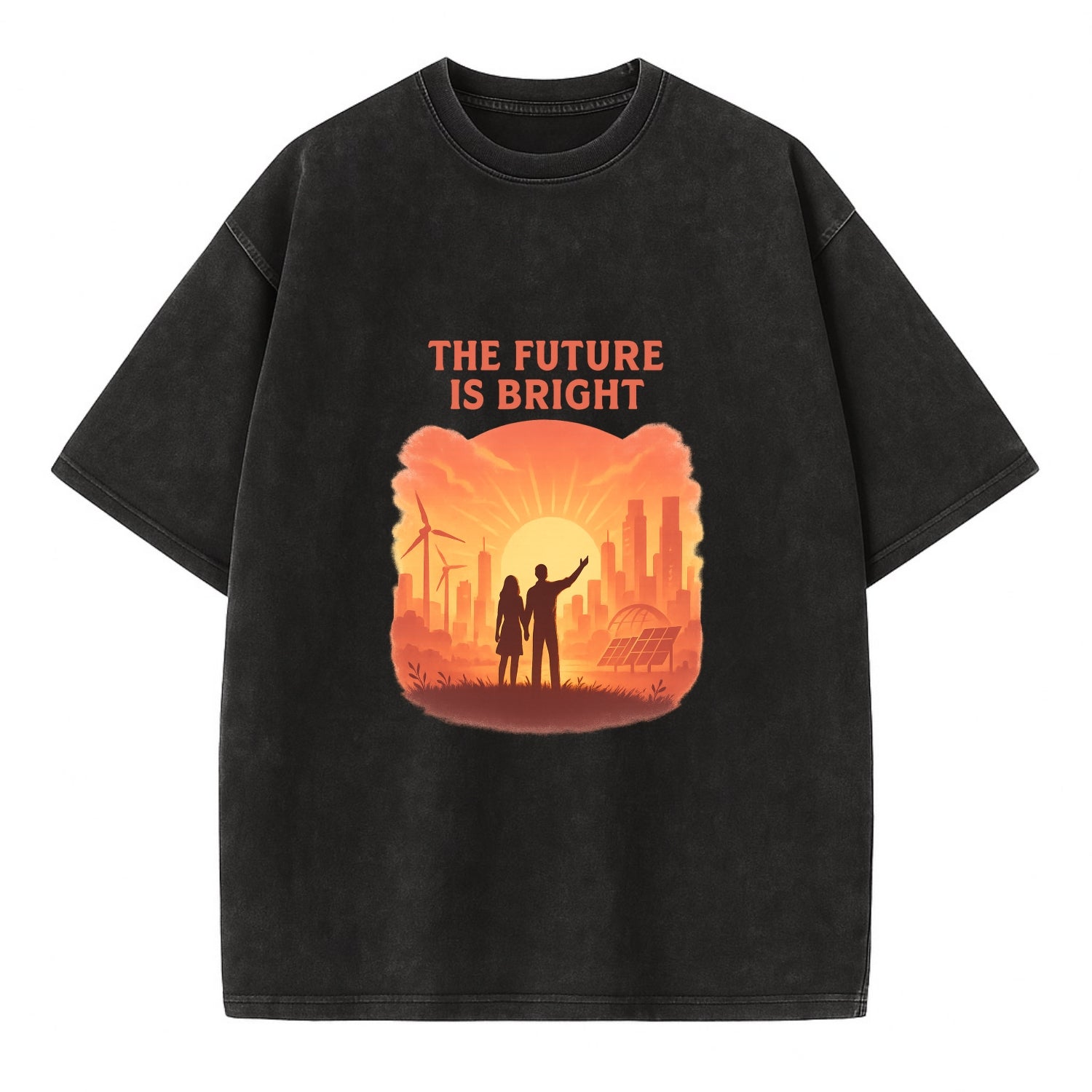 Sunrise over thriving sustainable city - "The Future is Bright" - optimistic - Vintage T-shirt - Black