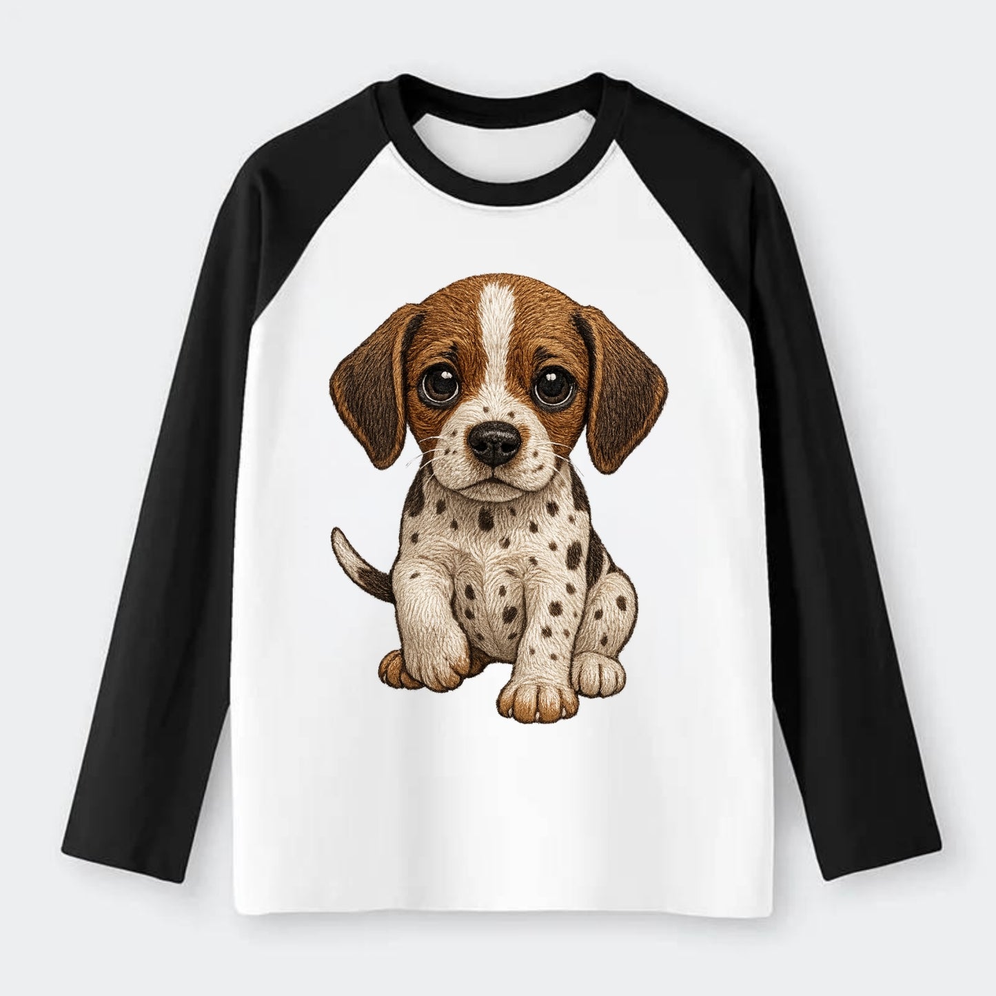 Baby Pointer Puppy - spotted coat, noble stance, alert eyes, - Raglan Long Sleeve T-Shirt - Black