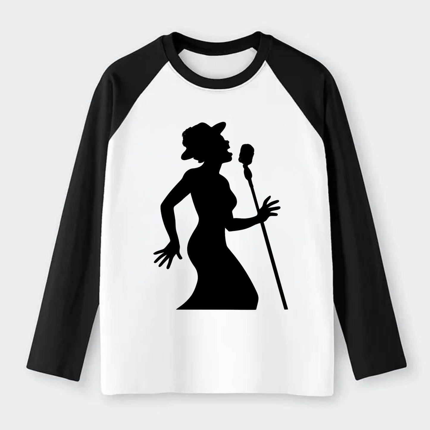Jazz singer at vintage microphone - Raglan Long Sleeve T-Shirt - Black