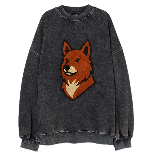 Finnish Spitz - Fox-red pointed ears embroidered pose - Vintage Sweatshirt - Black