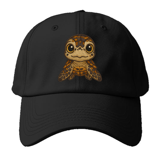 Baby Hawksbill Turtle - amber and brown shell pattern, curious golden eyes, - Baseball Cap - Black