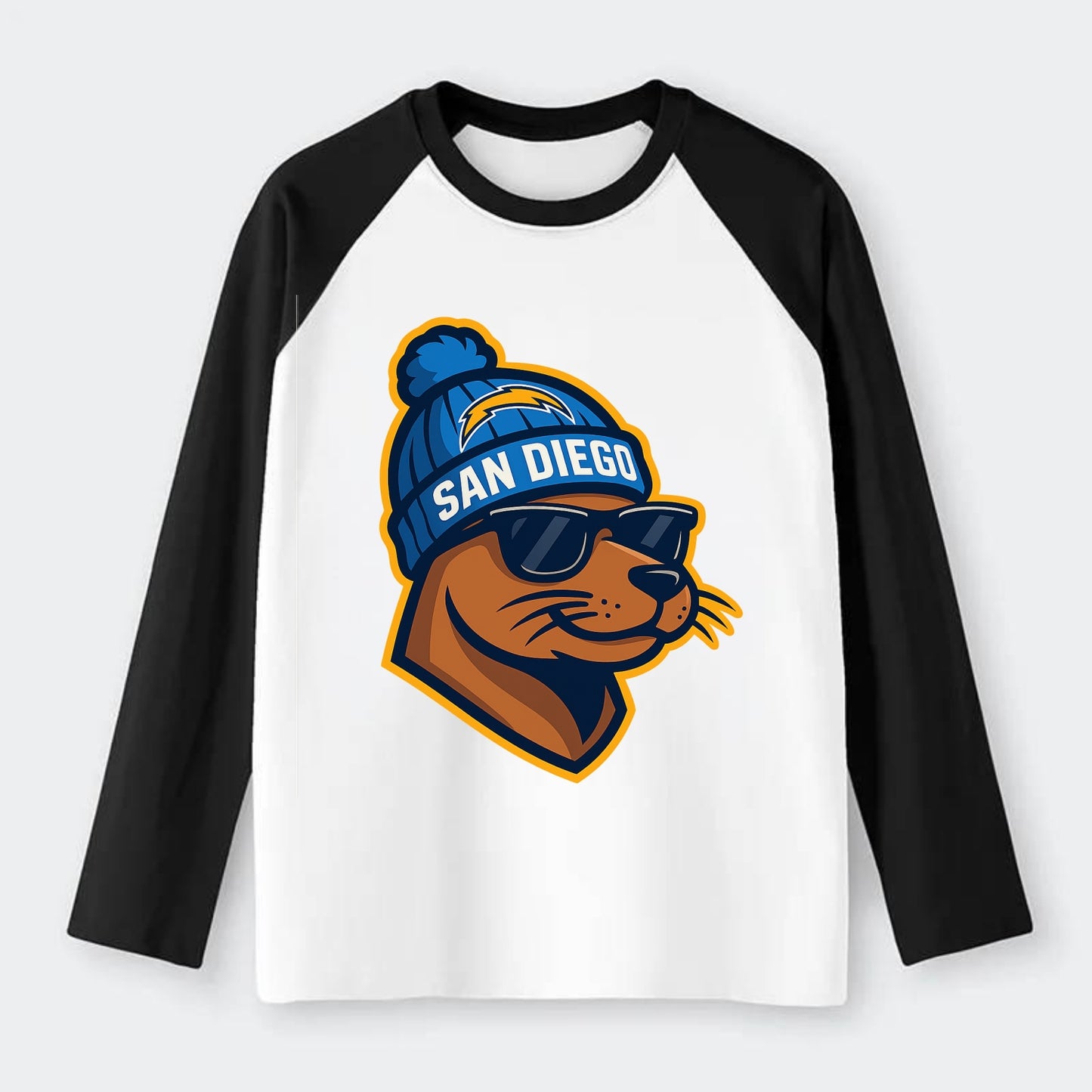 San Diego Sea Lion wearing Chargers beanie with bolt patch and - Raglan Long Sleeve T-Shirt - Black