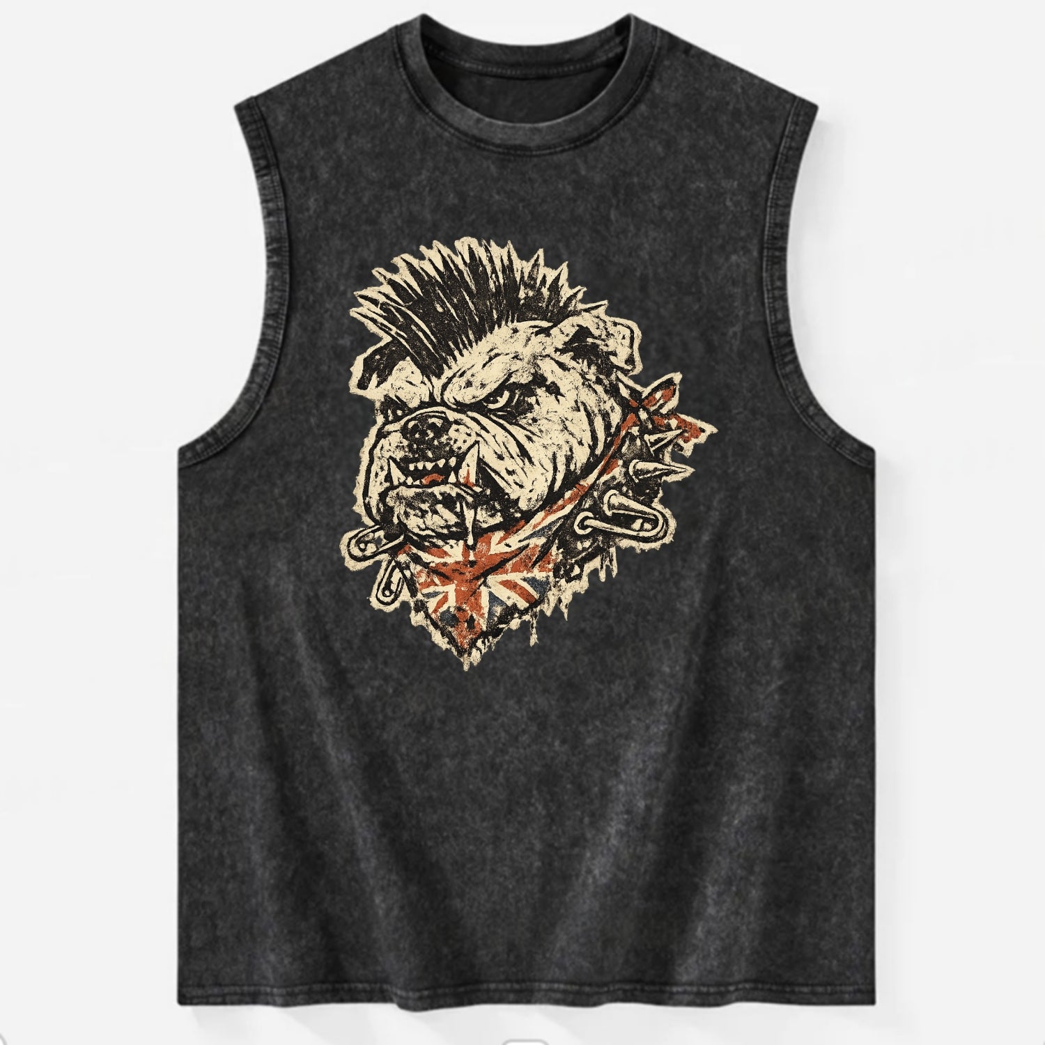 PUNK BULLDOG | British bulldog with mohawk | Safety pins through collar | - Vintage Washed Tank - Black