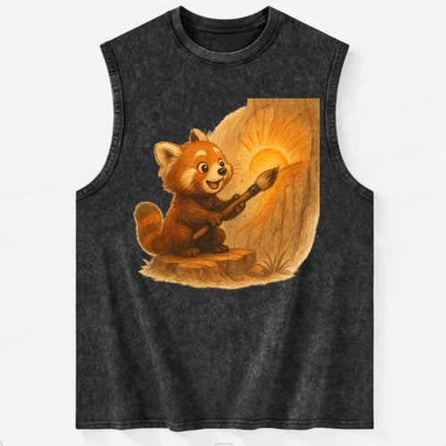 Red panda painting a sunrise mural with an oversized calligraphy brush on a - Vintage Washed Tank