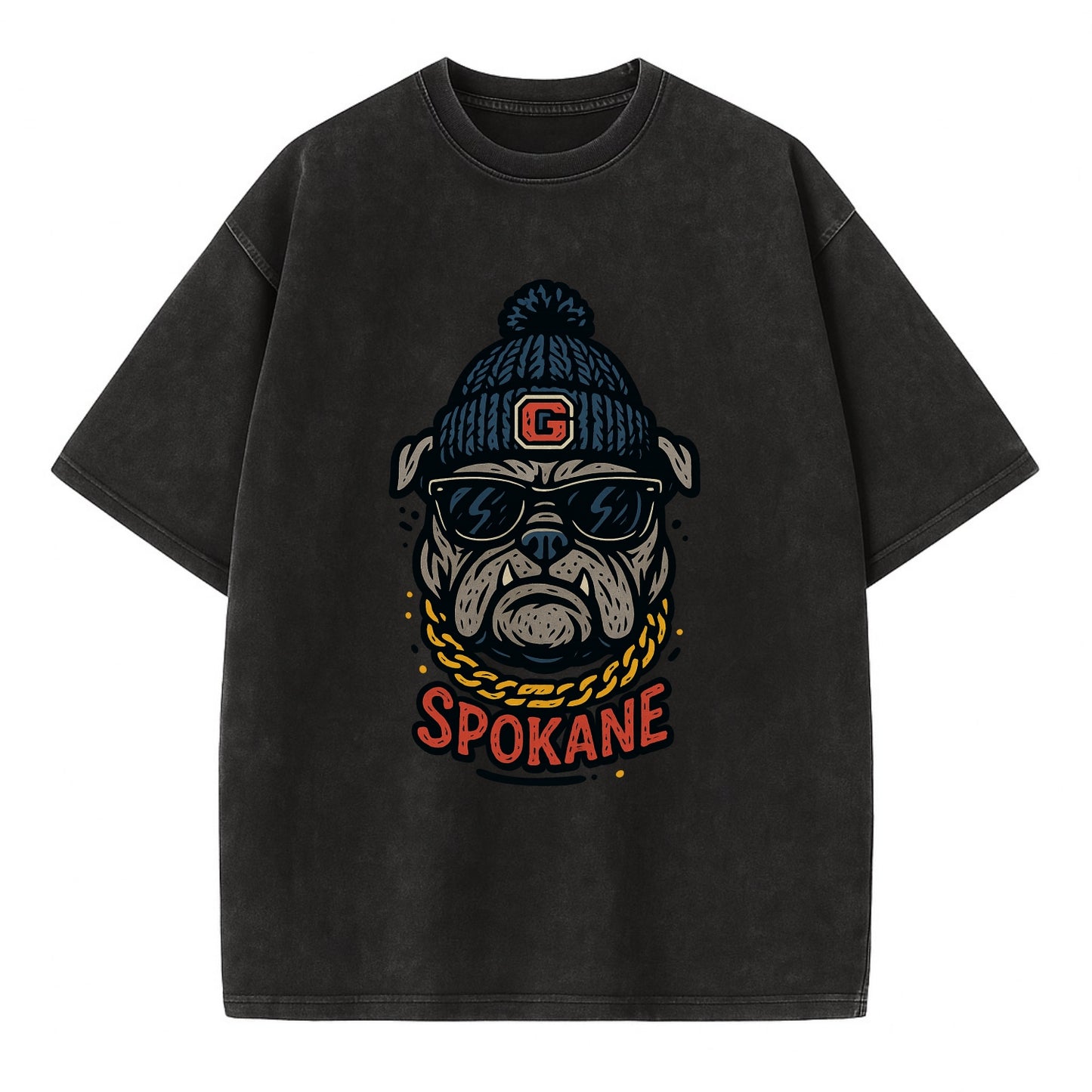 Spokane Bulldog wearing Gonzaga beanie with G patch - Vintage T-shirt - Black