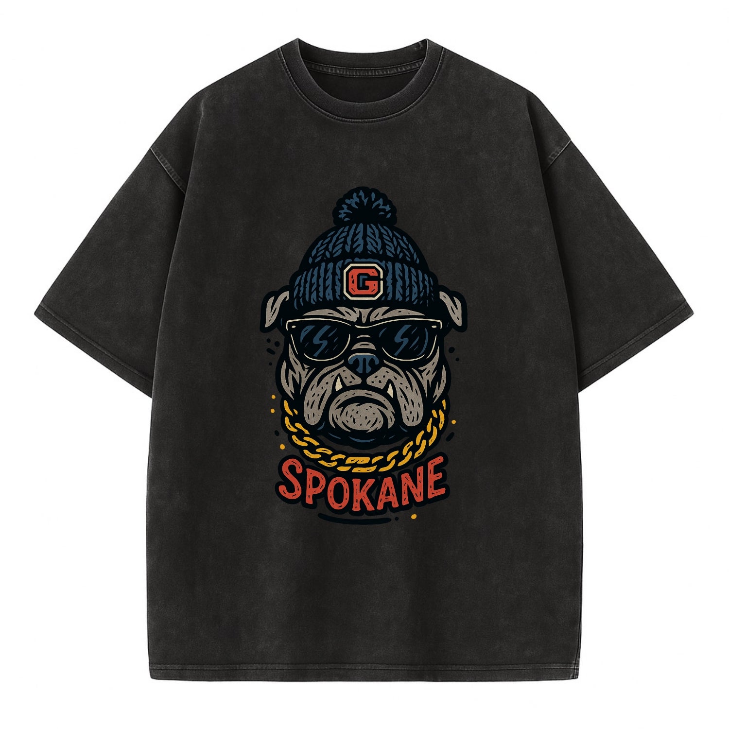 Spokane Bulldog wearing Gonzaga beanie with G patch - Vintage T-shirt - Black