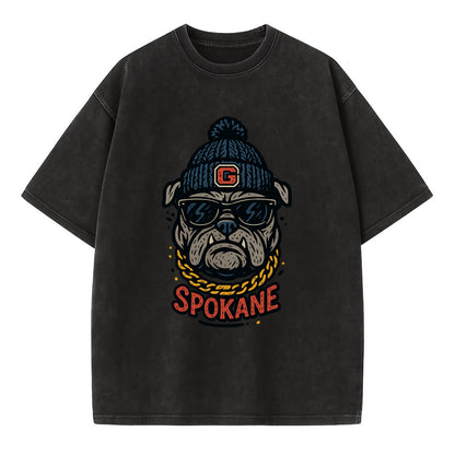 Spokane Bulldog wearing Gonzaga beanie with G patch - Vintage T-shirt - Black