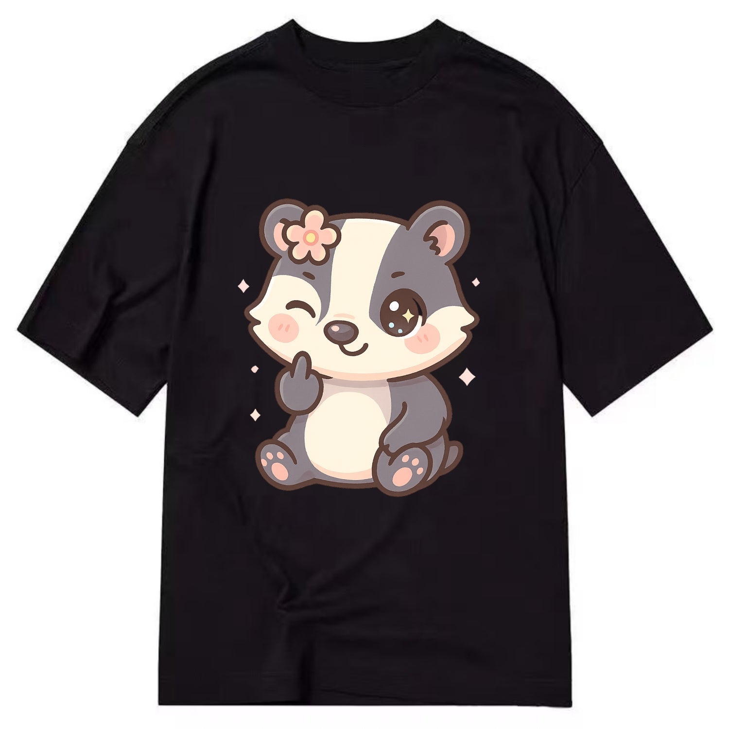 adorable badger with black and white stripes, one paw giving finger - Classic T-shirt - Black