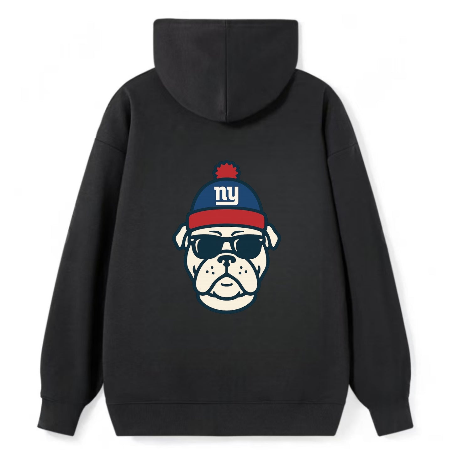 New York Bulldog wearing Giants blue and red beanie with pom pom and - Classic Pullover Hoodie - Black