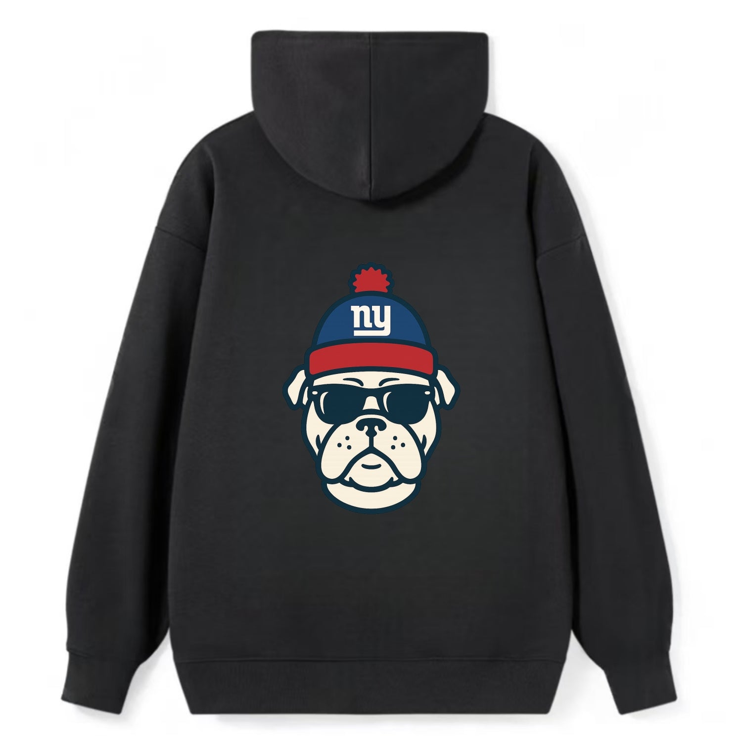 New York Bulldog wearing Giants blue and red beanie with pom pom and - Classic Pullover Hoodie - Black