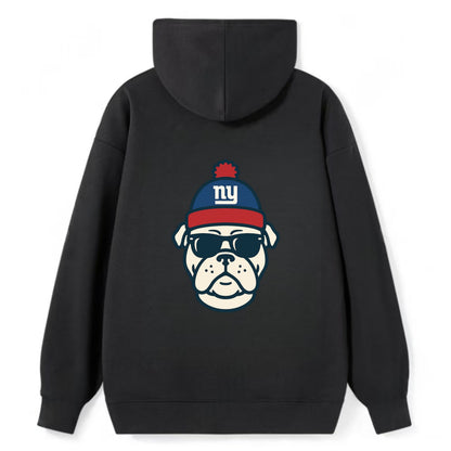 New York Bulldog wearing Giants blue and red beanie with pom pom and - Classic Pullover Hoodie - Black
