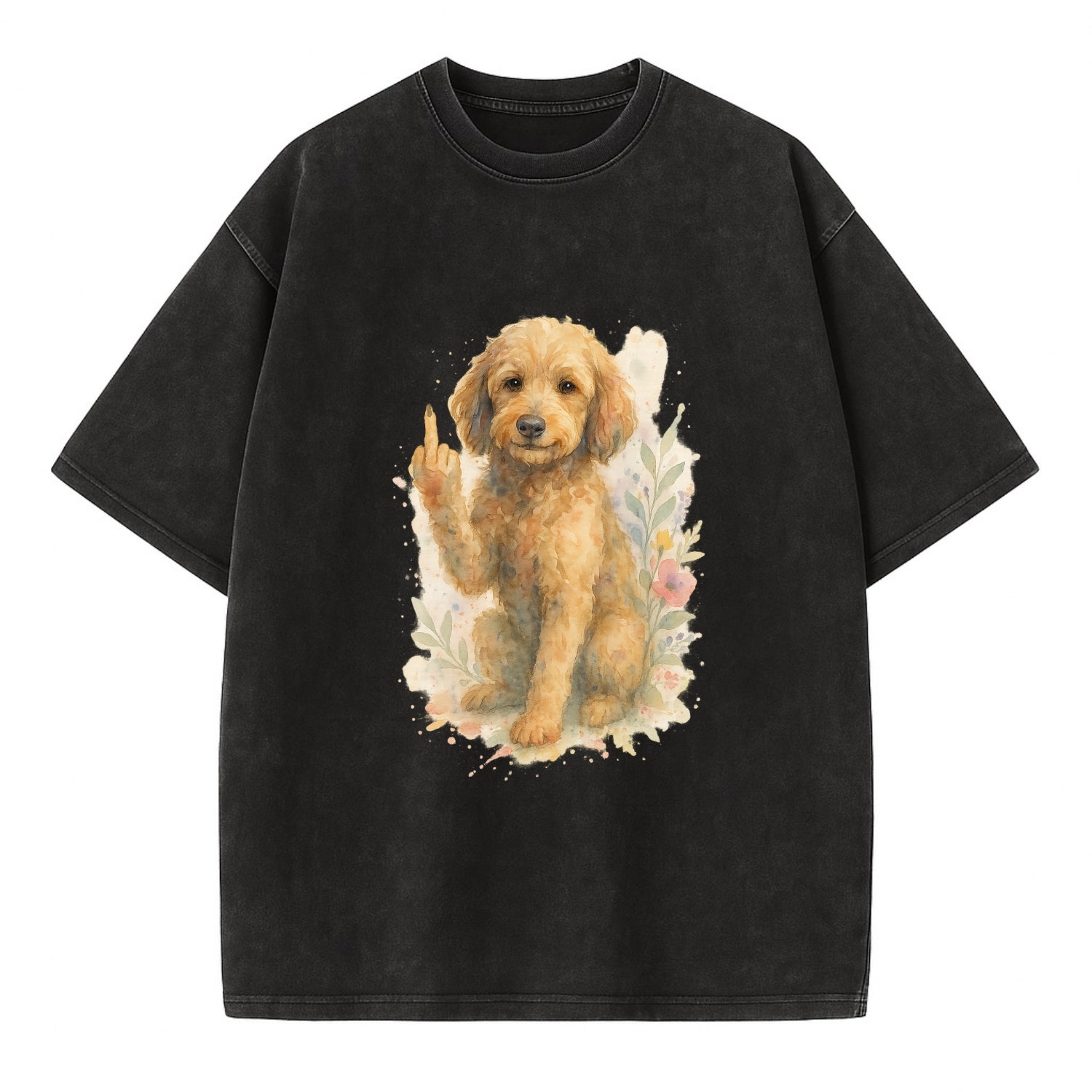 Labradoodle hypoallergenic with wavy coat, intelligent eyes, paw raised - Vintage T-shirt - Black