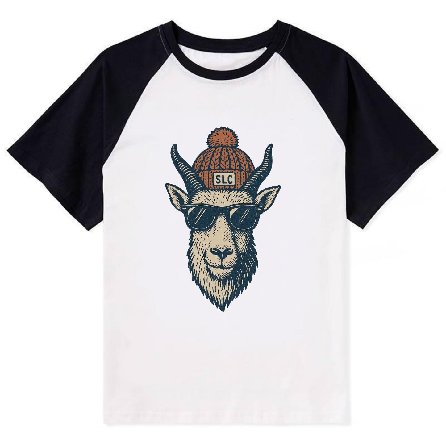 Salt Lake City Mountain Goat wearing SLC beanie with pom pom and wayfarer - Contrast Raglan T-shirt - Black