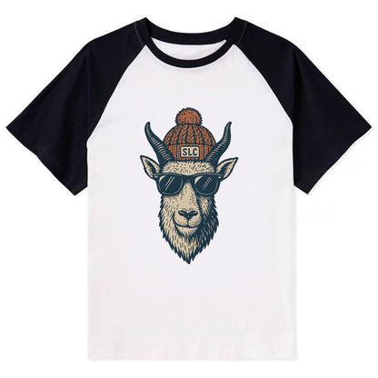 Salt Lake City Mountain Goat wearing SLC beanie with pom pom and wayfarer - Contrast Raglan T-shirt - Black