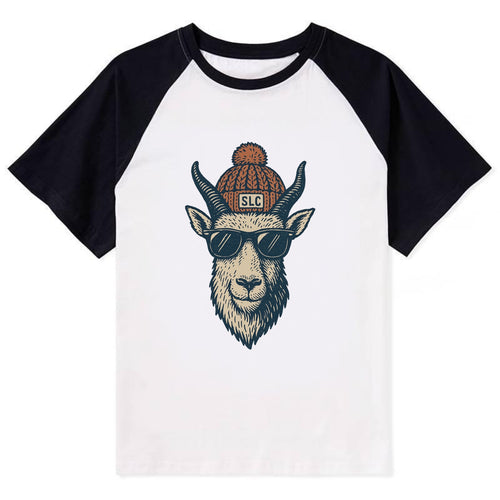 Salt Lake City Mountain Goat wearing SLC beanie with pom pom and wayfarer - Contrast Raglan T-shirt