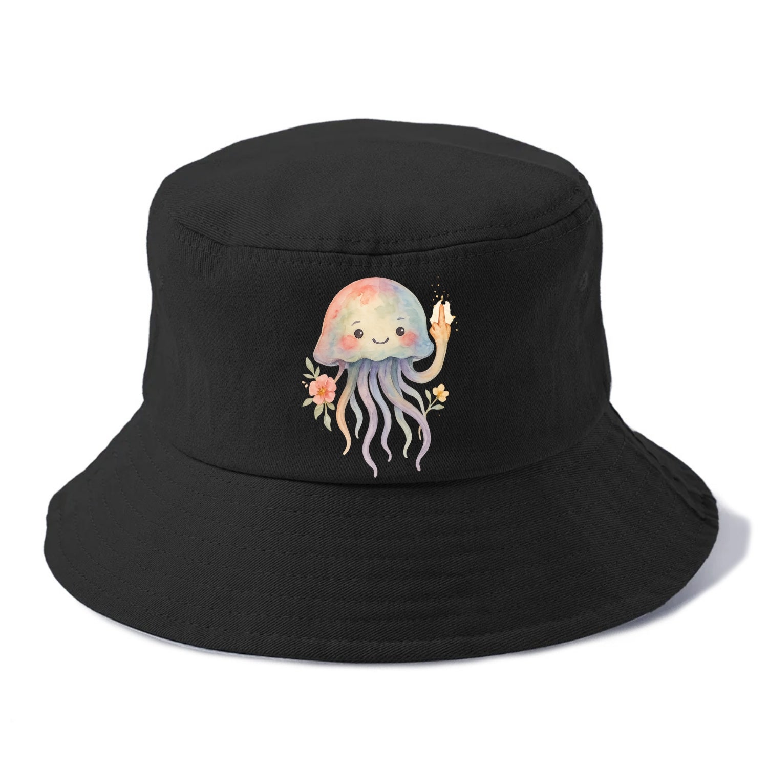 jellyfish with kawaii face and tentacles, one tentacle pointing up defiantly - Bucket Hat - Black