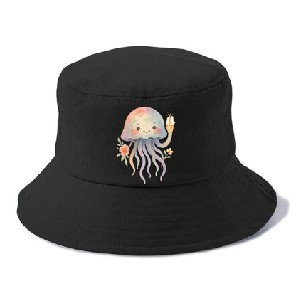 jellyfish with kawaii face and tentacles, one tentacle pointing up defiantly - Bucket Hat - Black