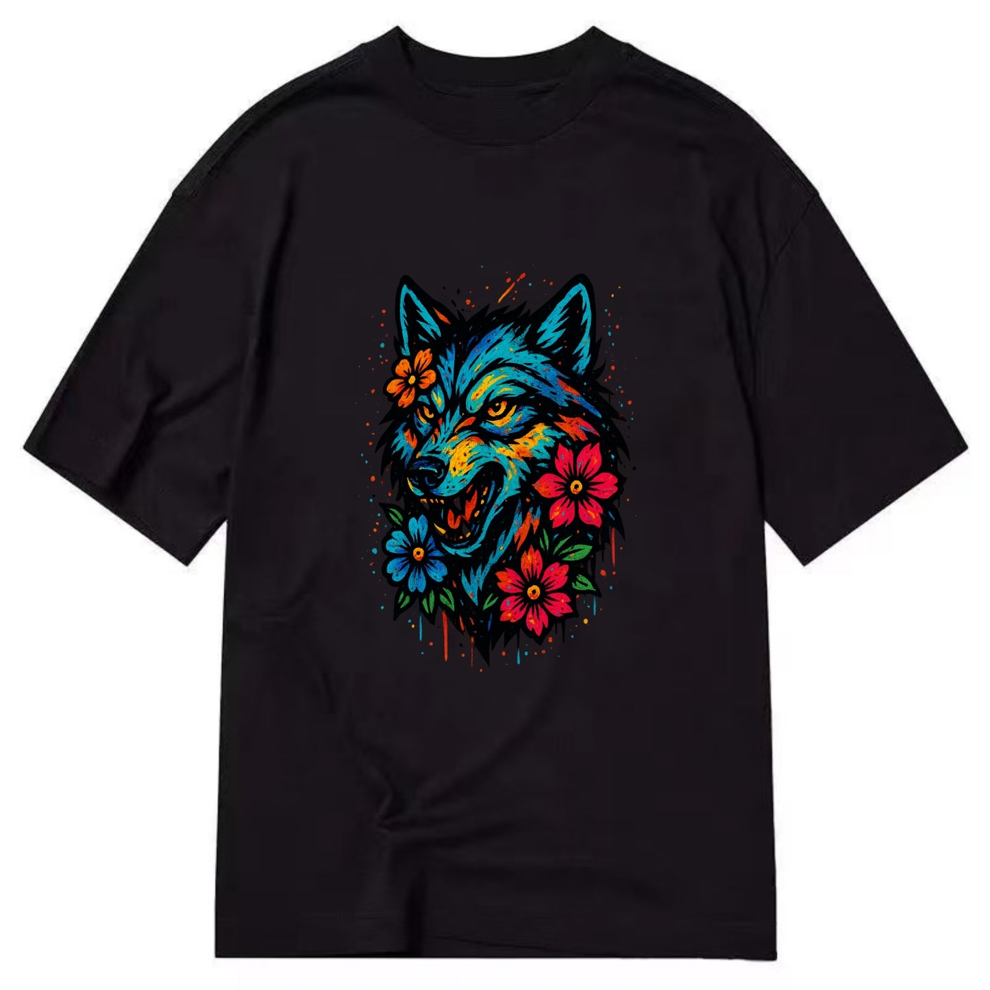 Floral Wolf Garden  - Classic T-shirt - Black