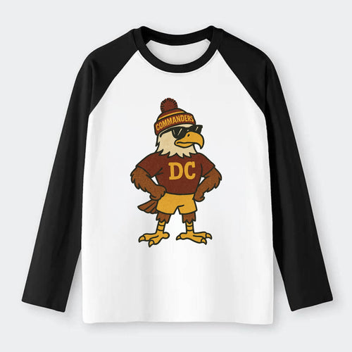 DC Eagle wearing Commanders burgundy and gold beanie with pom pom and - Raglan Long Sleeve T-Shirt