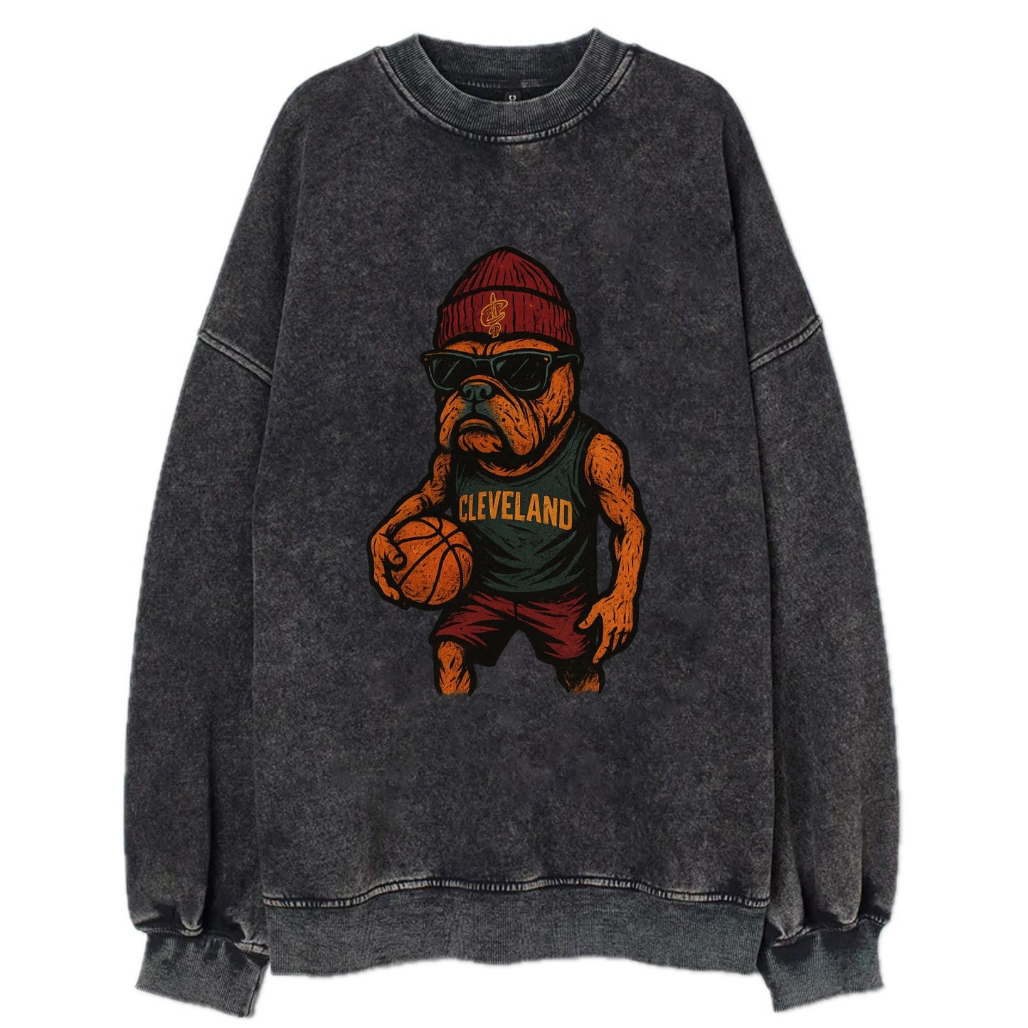 Cleveland Bulldog wearing Cavaliers wine and gold beanie with sword patch and - Vintage Sweatshirt - Black