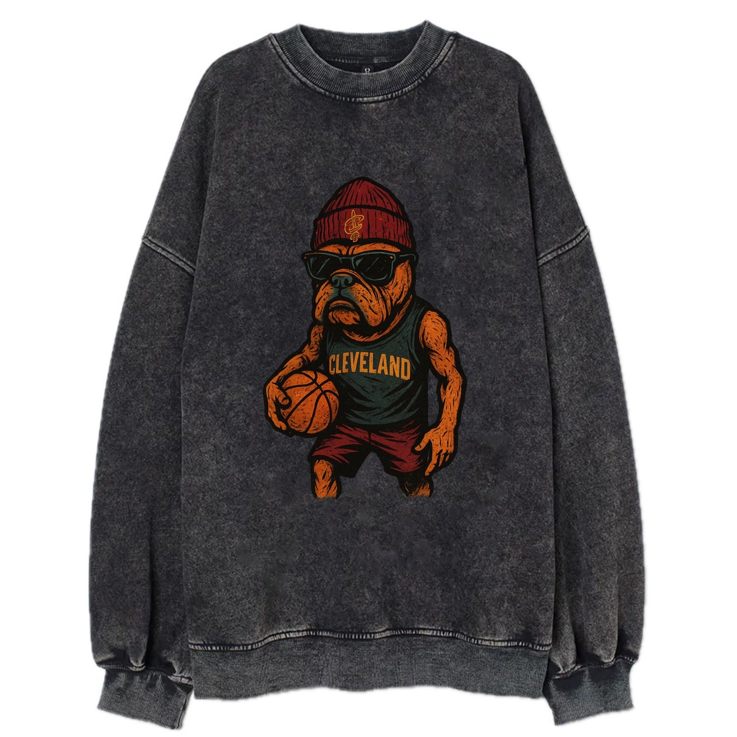 Cleveland Bulldog wearing Cavaliers wine and gold beanie with sword patch and - Vintage Sweatshirt - Black