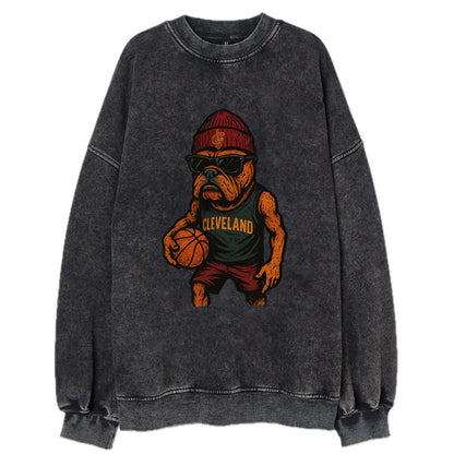 Cleveland Bulldog wearing Cavaliers wine and gold beanie with sword patch and - Vintage Sweatshirt - Black
