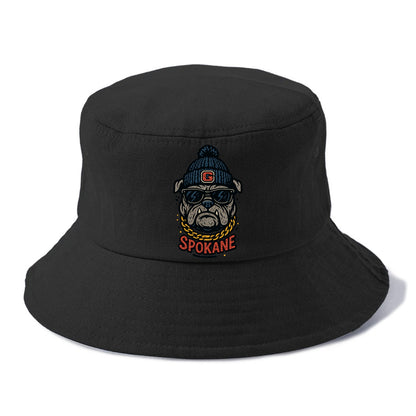 Spokane Bulldog wearing Gonzaga beanie with G patch - Bucket Hat - Black