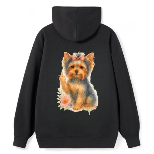 Yorkshire Terrier with topknot bow, one delicate paw flipping off - Classic Pullover Hoodie - Black