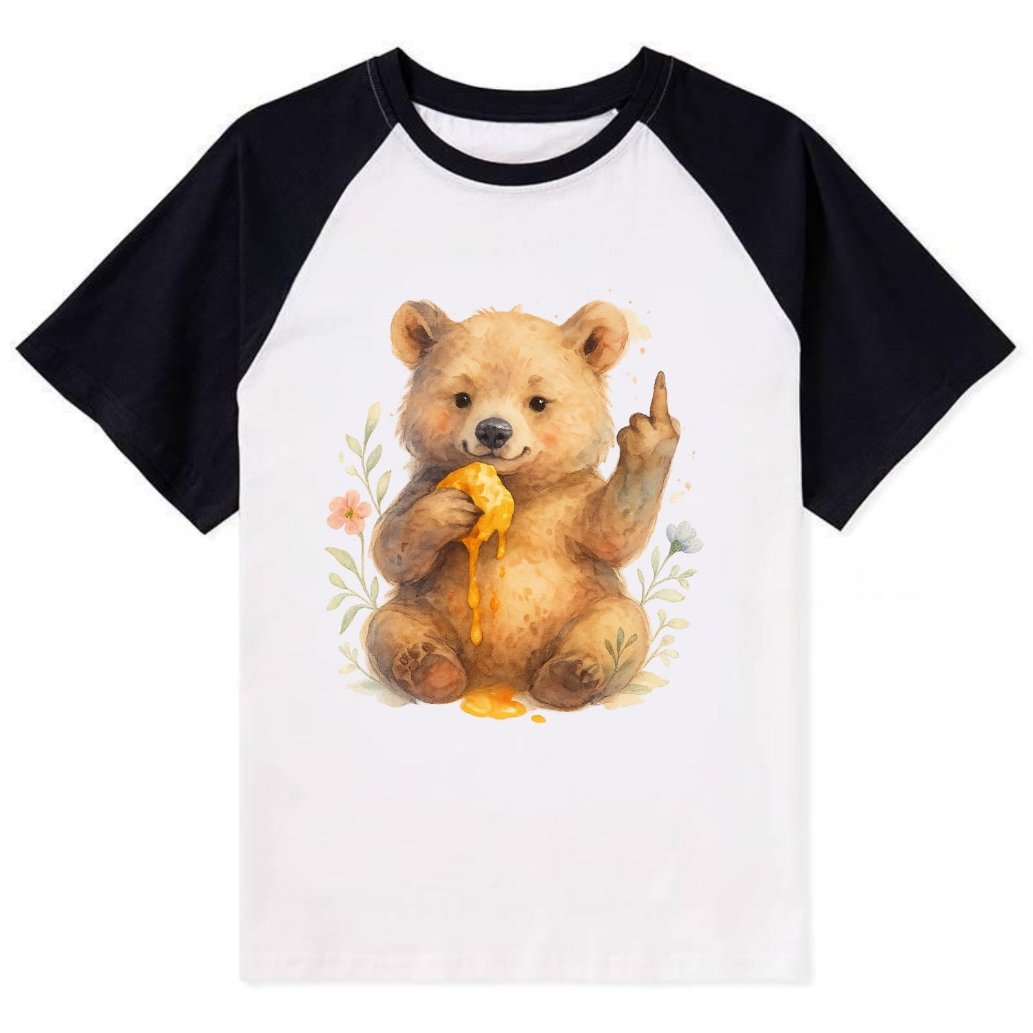 chubby bear cub eating dripping honey, sticky paw up with middle finger - Contrast Raglan T-shirt - Black