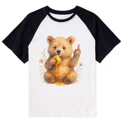 chubby bear cub eating dripping honey, sticky paw up with middle finger - Contrast Raglan T-shirt - Black