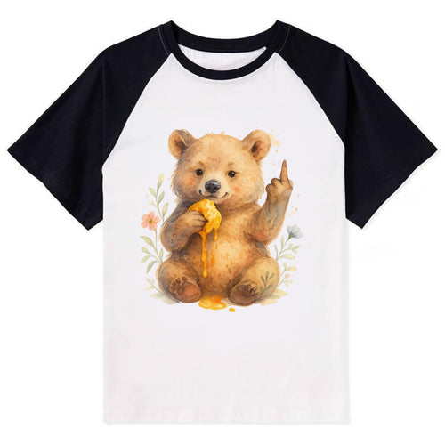 chubby bear cub eating dripping honey, sticky paw up with middle finger - Contrast Raglan T-shirt