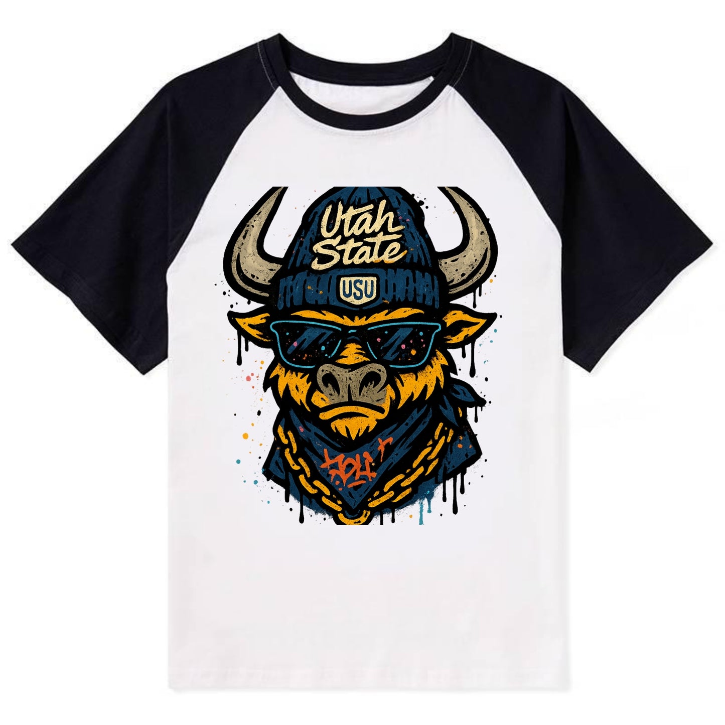 Logan Aggie wearing Utah State beanie with USU patch - Contrast Raglan T-shirt - Black