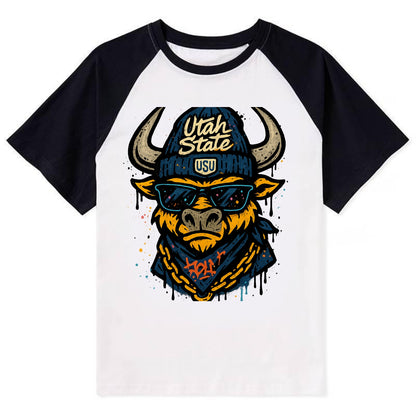 Logan Aggie wearing Utah State beanie with USU patch - Contrast Raglan T-shirt - Black