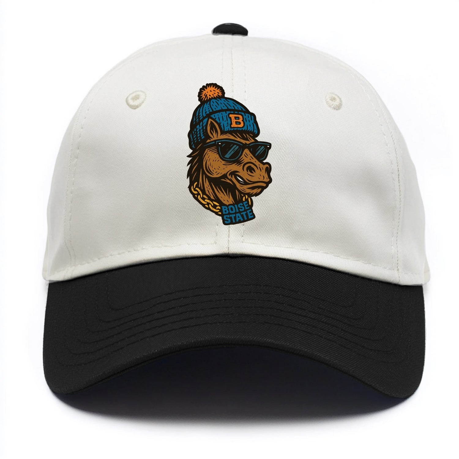 Boise Bronco wearing Boise State beanie with B patch - Two Tone Cap - Black