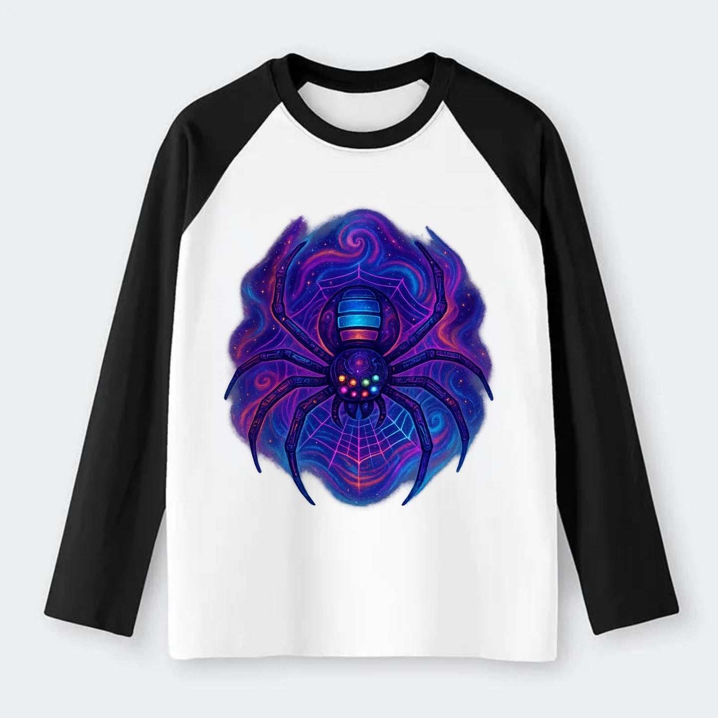 Tech spider with legs showing circuit board patterns, web glowing in - Raglan Long Sleeve T-Shirt - Black