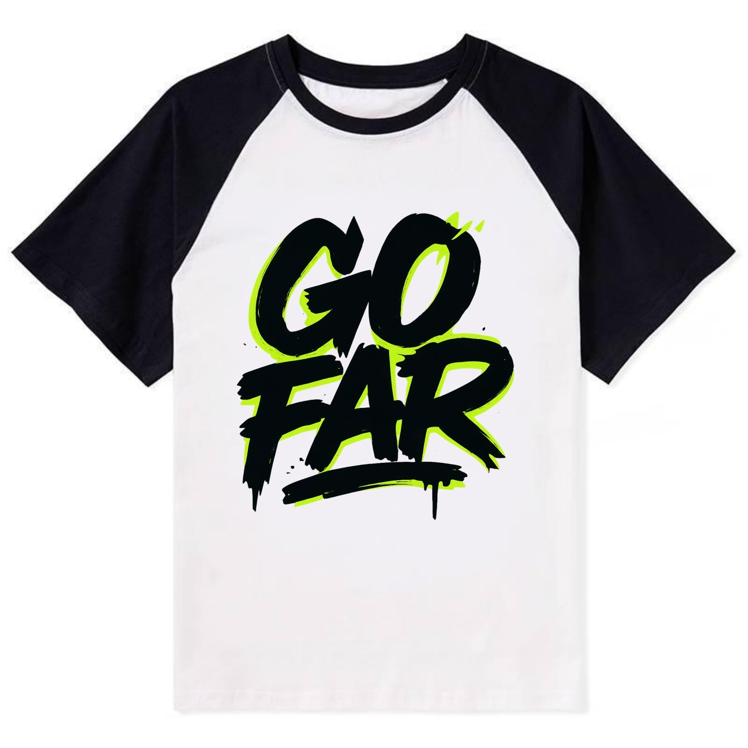 Bold typography design - "GO FAR" - distance goals, pushing limits - Contrast Raglan T-shirt - Black