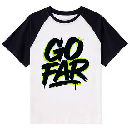 Bold typography design - "GO FAR" - distance goals, pushing limits - Contrast Raglan T-shirt - Black