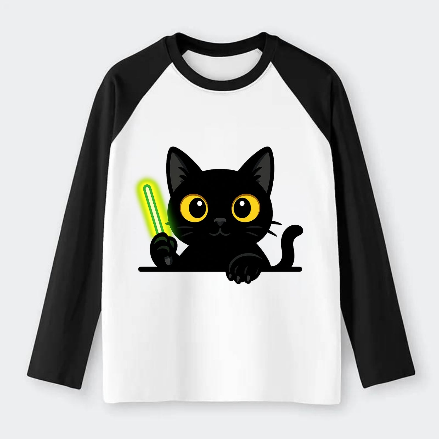 Midnight the black cat fist bumping the viewer with right paw extended. - Raglan Long Sleeve T-Shirt - Black