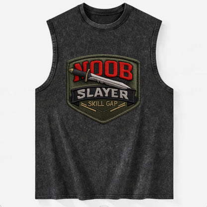 NOOB SLAYER - sword through noob text in red and silver , skill gap - Vintage Washed Tank - Black