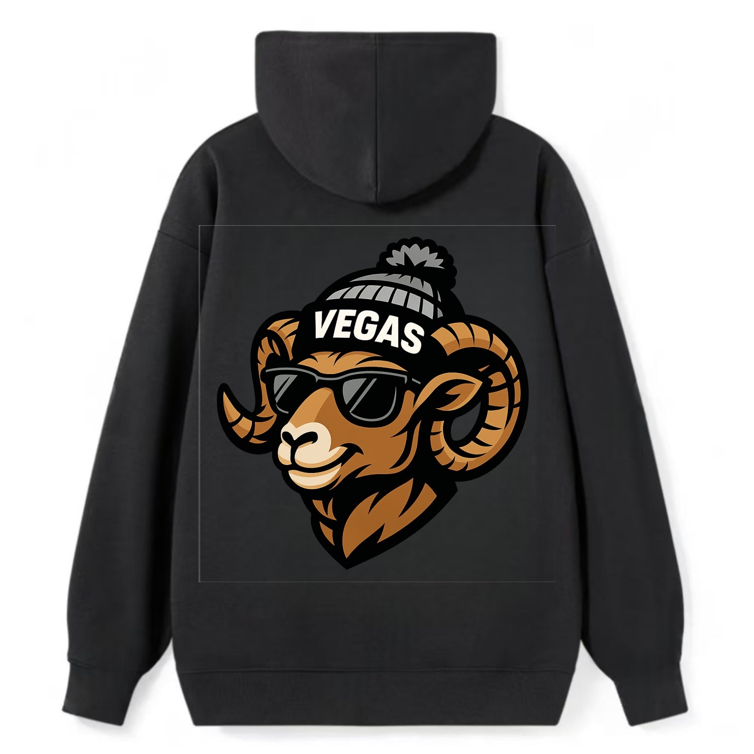 Vegas Desert Bighorn wearing Raiders silver and black beanie with pom pom - Classic Pullover Hoodie - Black