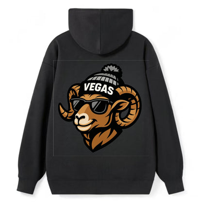 Vegas Desert Bighorn wearing Raiders silver and black beanie with pom pom - Classic Pullover Hoodie - Black