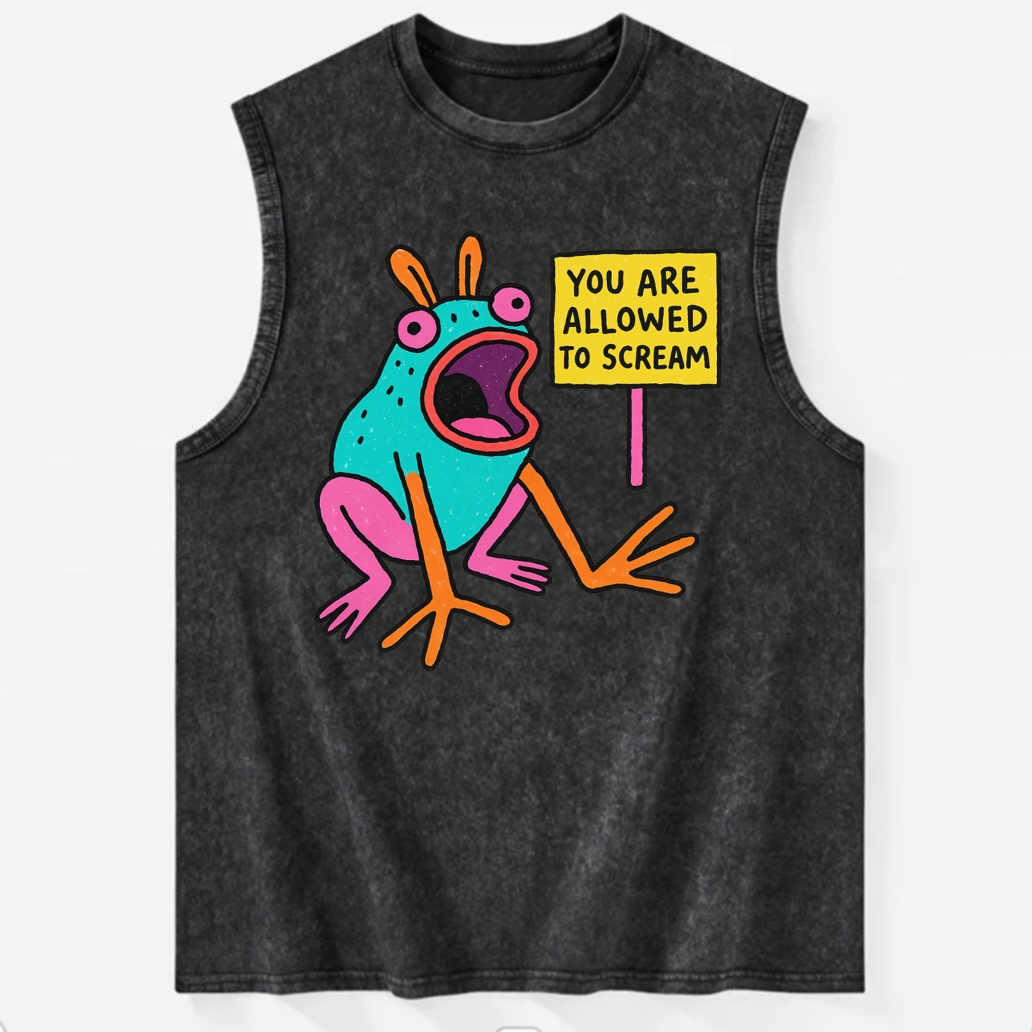 YOU ARE ALLOWED TO SCREAM | Open-mouthed frog mid-scream - Vintage Washed Tank - Black