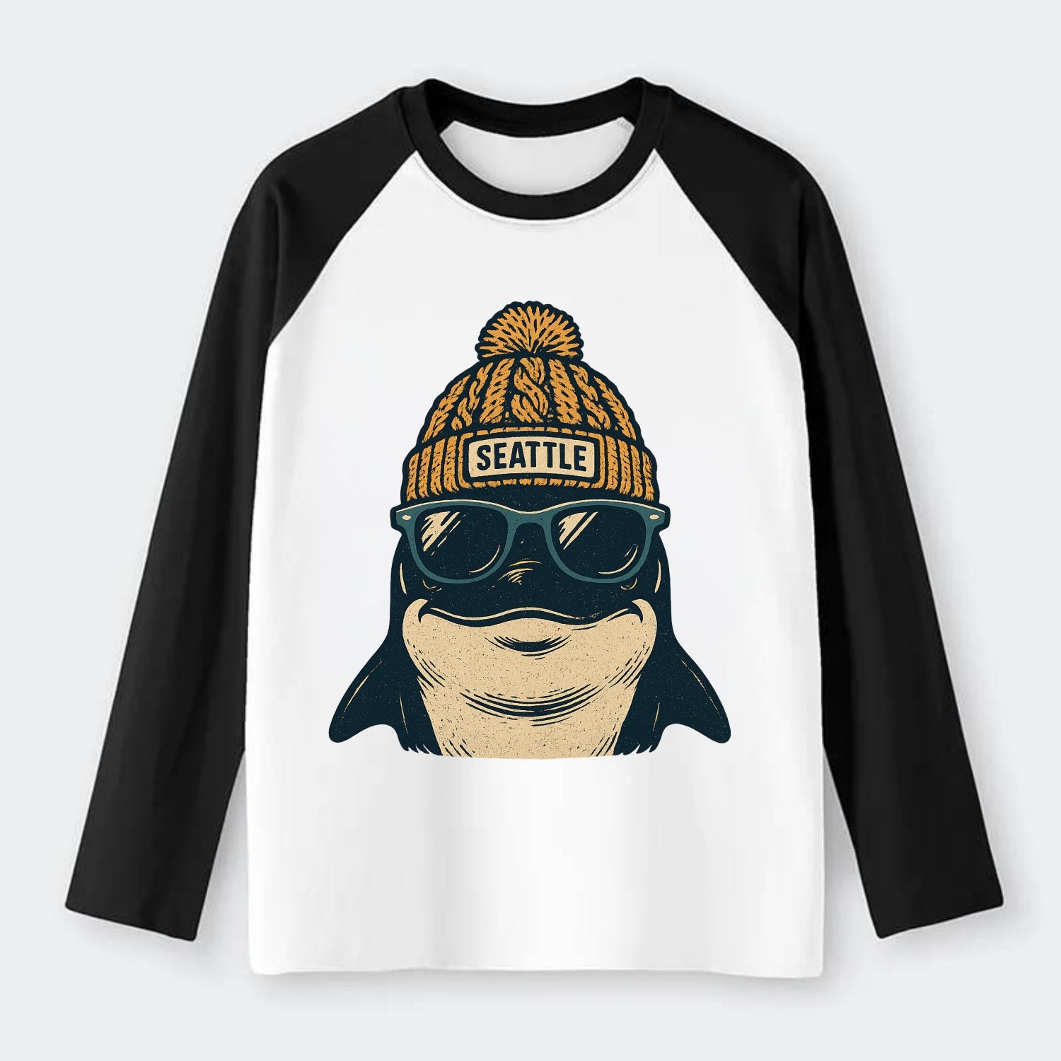 Seattle Orca wearing Seattle beanie with pom pom and wayfarer - Raglan Long Sleeve T-Shirt - Black