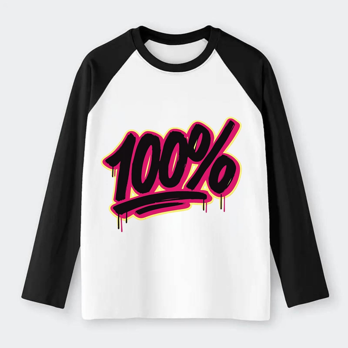 Bold typography design - "100%" - all in, fully committed - Raglan Long Sleeve T-Shirt - Black