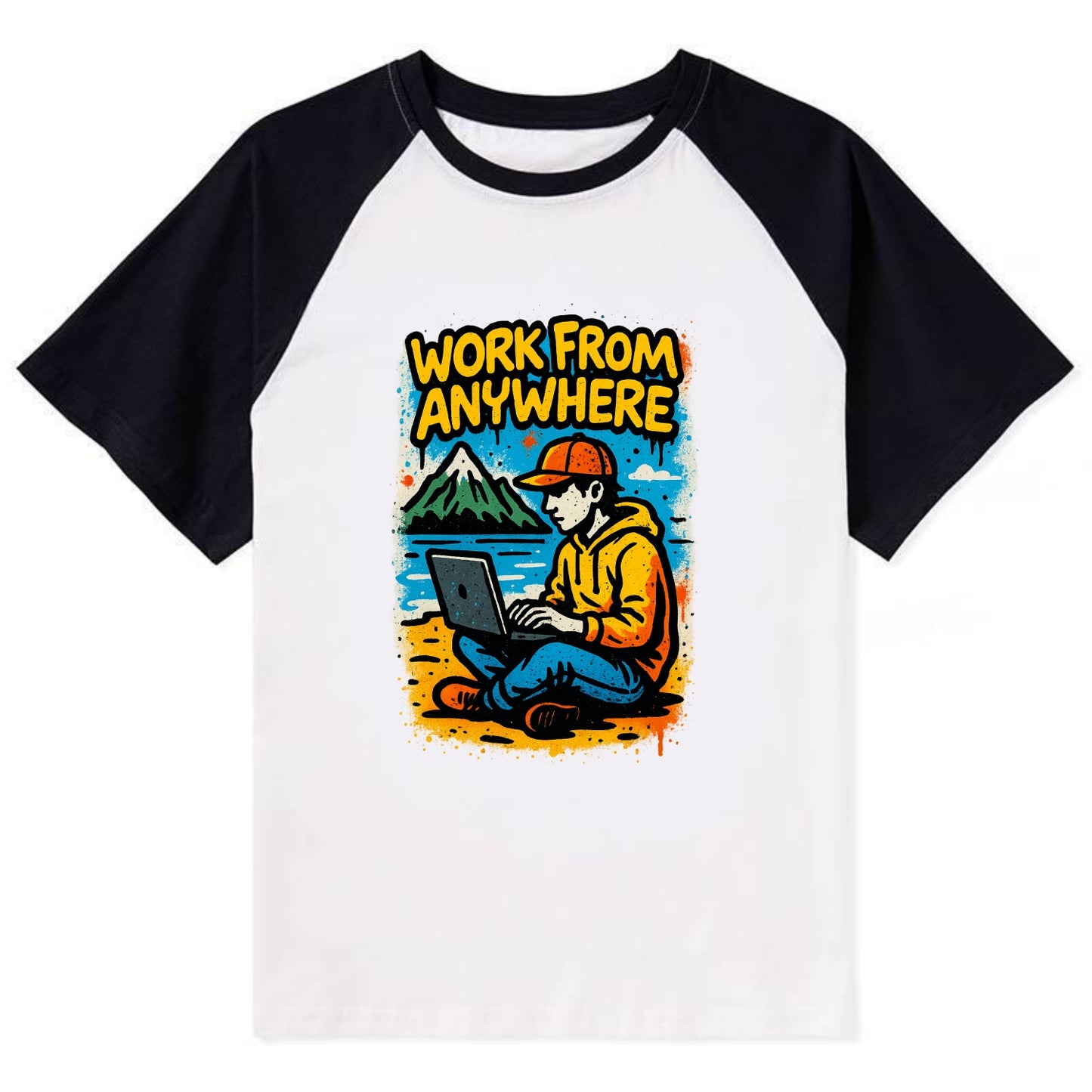 Digital nomad with laptop on beach/mountain - work from anywhere - Contrast Raglan T-shirt - Black