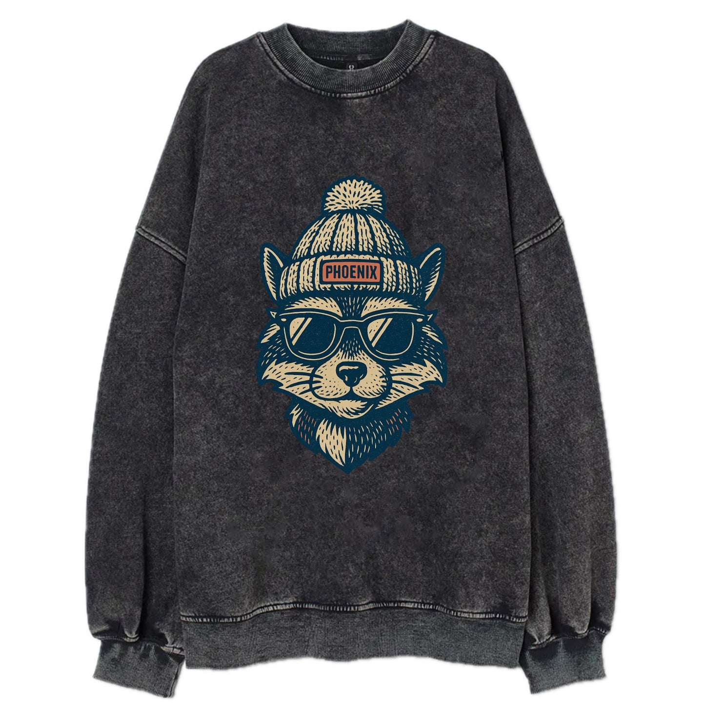 Arizona Ringtail wearing Phoenix beanie with pom pom and wayfarer sunglasses - Vintage Sweatshirt - Black