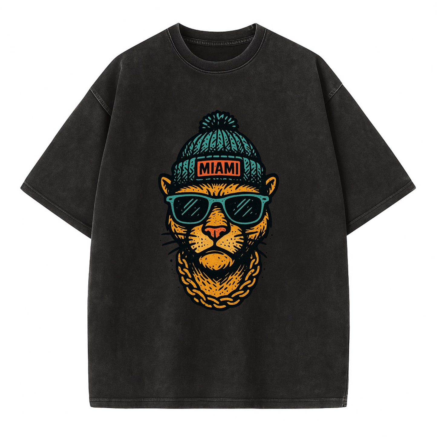 Florida Panther wearing Miami beanie with pom pom and wayfarer sunglasses - Vintage T-shirt - Black